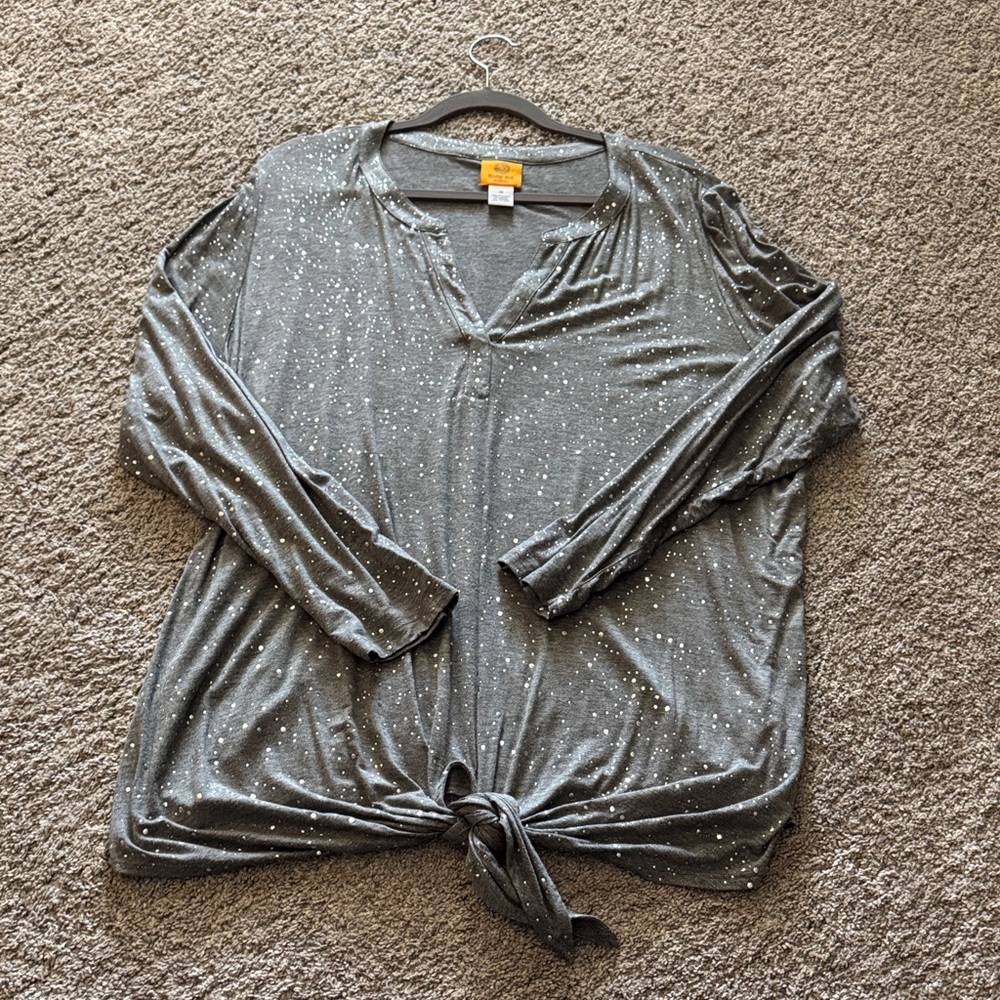Ruby Rd. Gray Long Sleeve Blouse with Tie-Front
